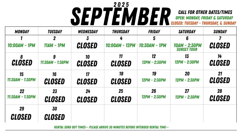 September 2025 calendar with specific open hours and closed days highlighted.