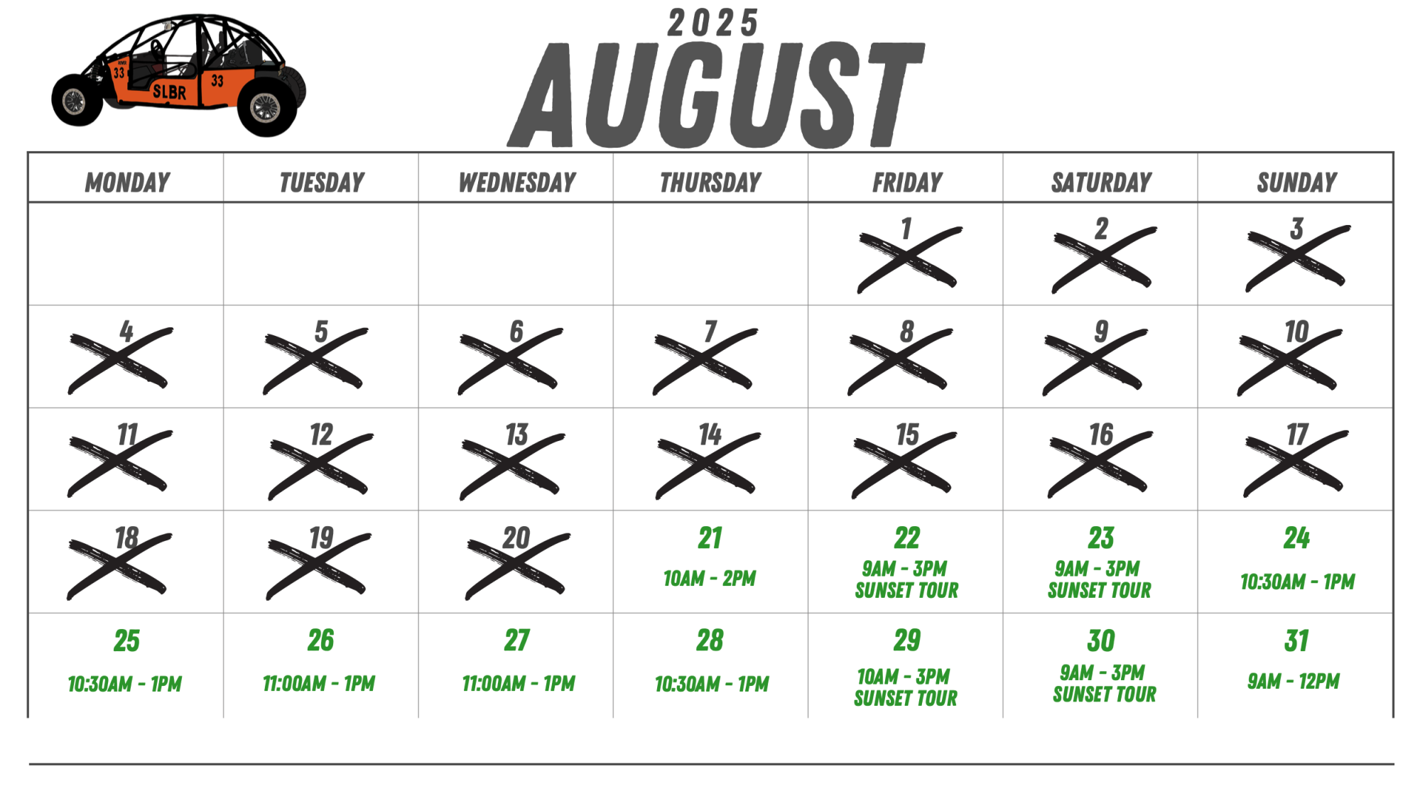 August 2025 calendar with marked dates and tour times on select days.