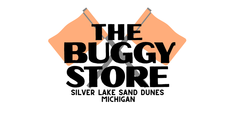 Logo with text 'The Buggy Store', orange flags, and 'Silver Lake Sand Dunes, Michigan'.