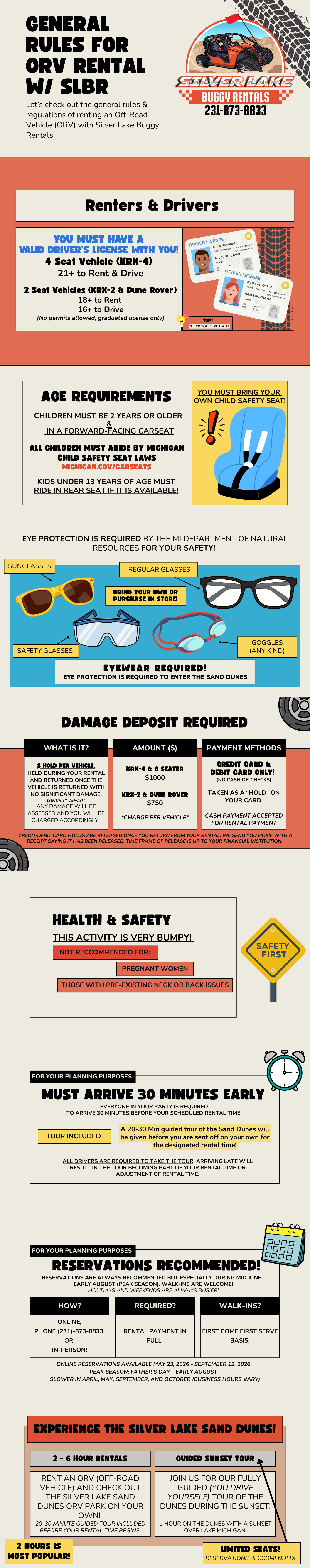 Infographic detailing rental rules for Silver Lake ORV, including age, safety, deposits, and booking info.